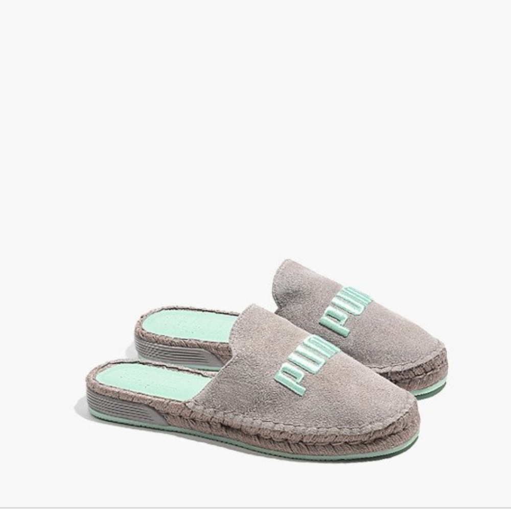 PUMA Fenty by Rihanna Suede Espadrilles Slip-on gray with green letters 10.5